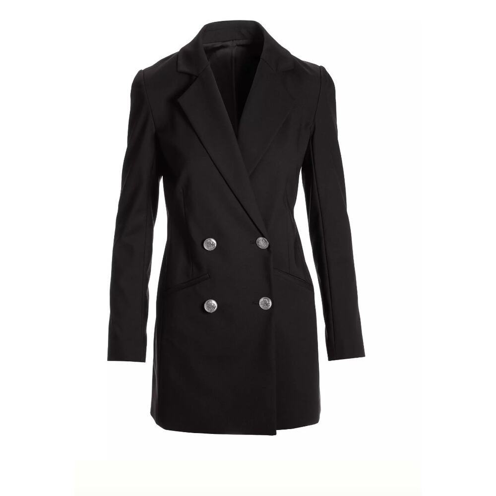Boston Proper Black Longline Blazer 4 Double Breasted Silver Crest Button Coat - Picture 2 of 11